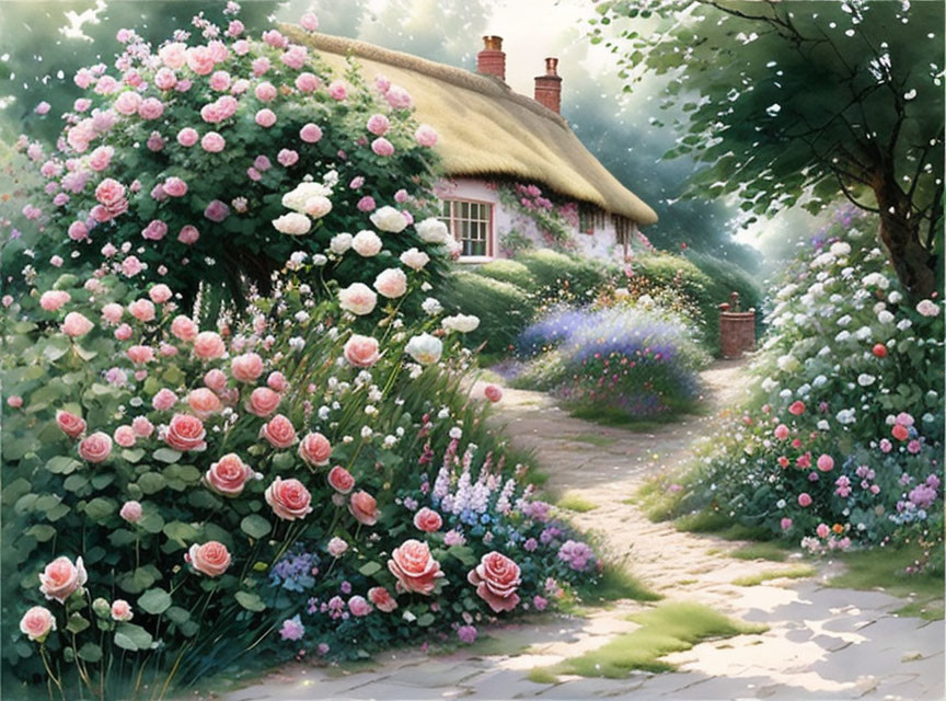 Thatched Cottage with Pink Roses and Gardens