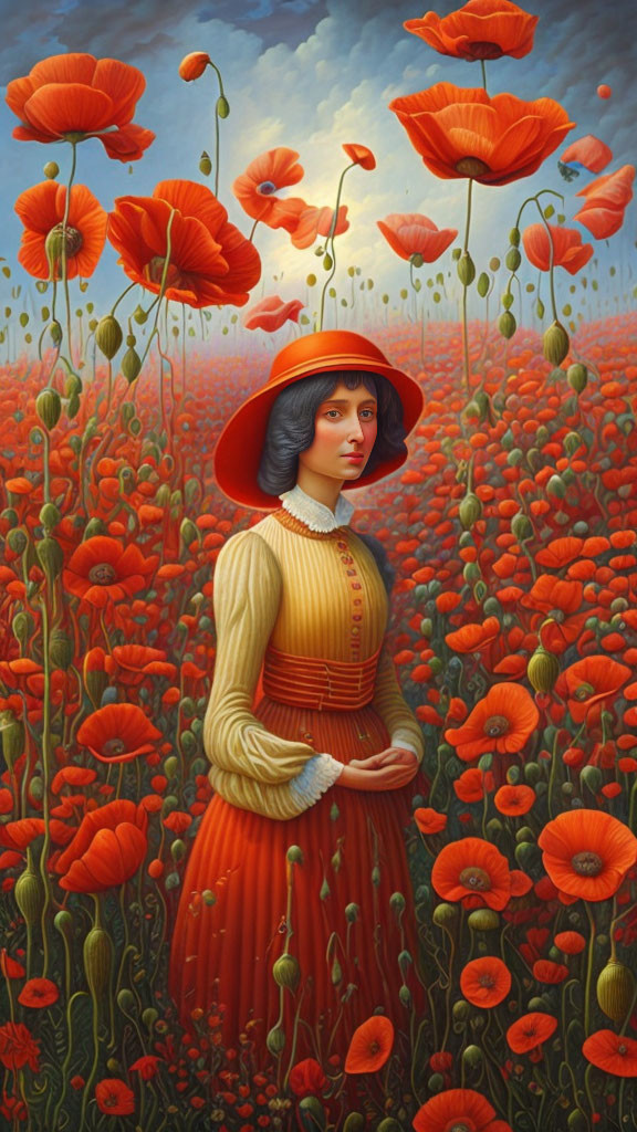 Woman in red dress and wide-brimmed hat in vibrant poppy field under cloudy sky