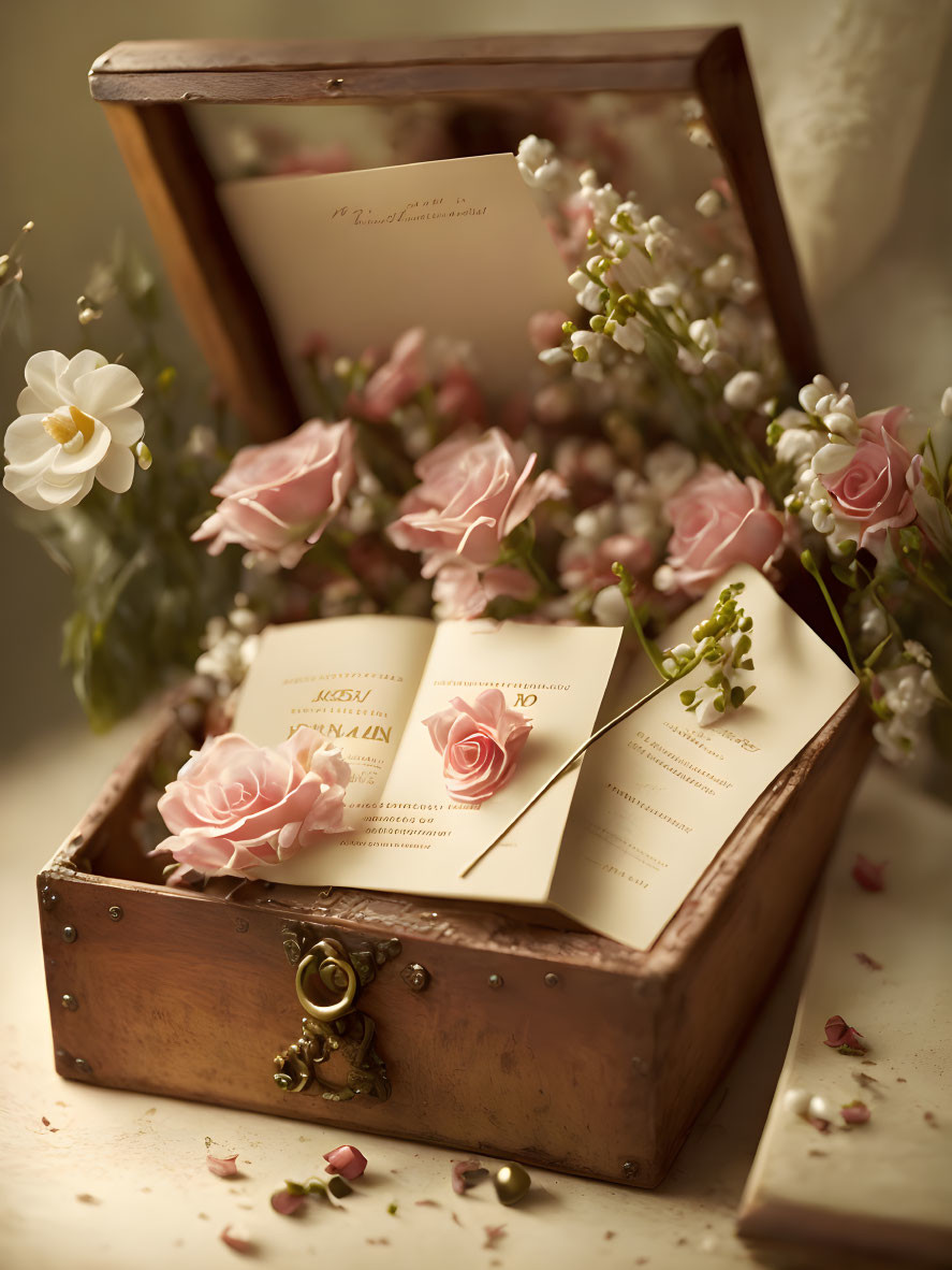 Vintage Wooden Box with Wedding Invitations and Flowers