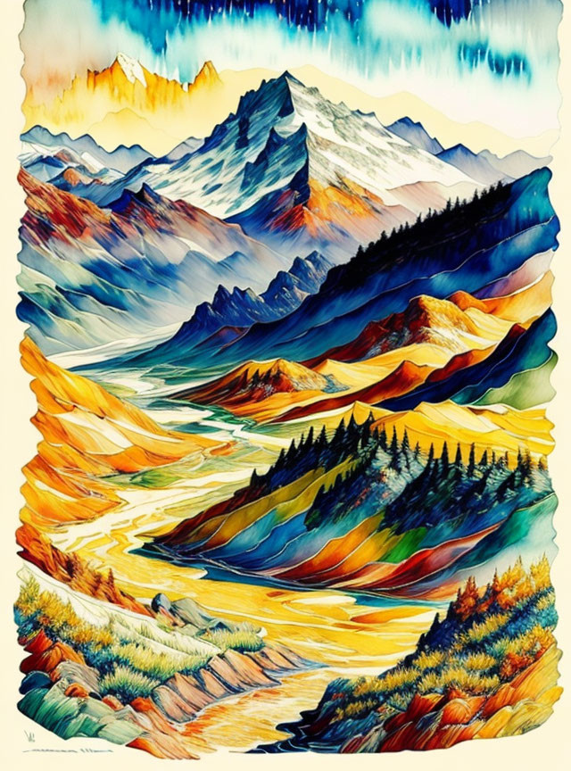 Surreal mountain landscape with flowing rivers in vibrant colors