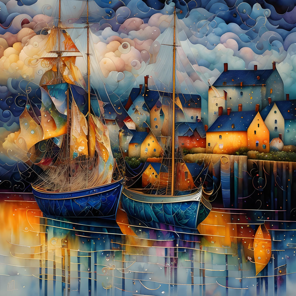 Colorful painting of ships at a vibrant harbor with stylized buildings under dreamy sky.