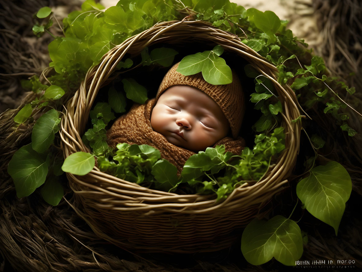 Newborn sleeping in wicker basket with green foliage and brown knitted hat