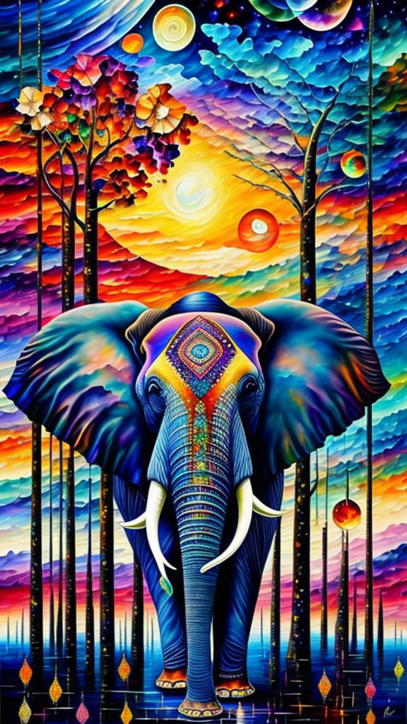 Colorful Psychedelic Elephant Artwork with Trees and Planets