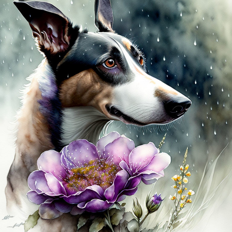 Colorful dog illustration with flower on soft snowy backdrop