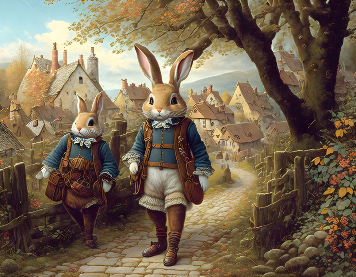 Anthropomorphic rabbits in Renaissance attire walking in village setting