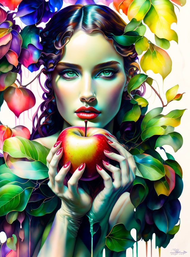 Colorful illustration: Woman with red apple, blue eyes, wavy hair