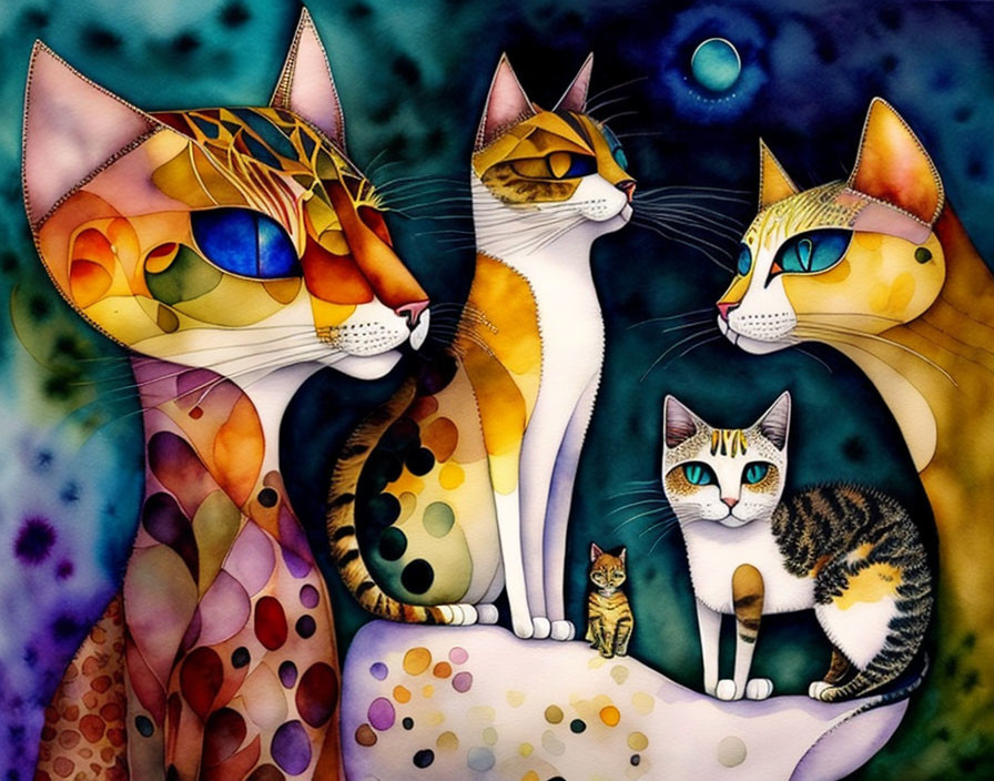 Colorful Illustration: Four Cats under Crescent Moon