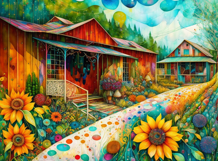 Colorful painting of whimsical cottages in lush garden with flowers under starry sky.