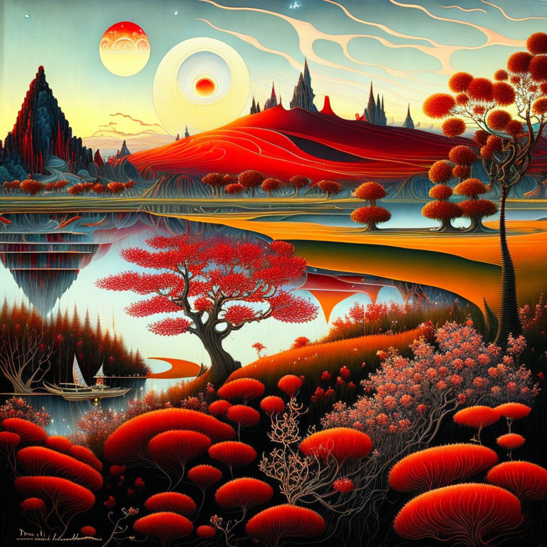 Surreal red and black landscape with stylized trees and sun