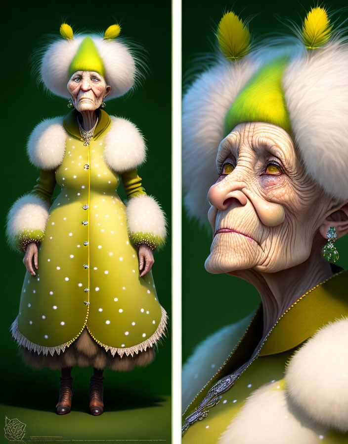 Elderly Female Character in Yellow Coat and Hat