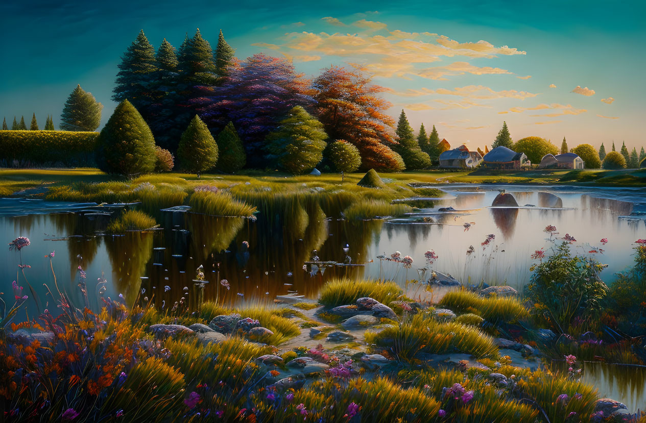 Tranquil landscape with reflective lake, lush trees, colorful flora, and quaint house at sunset