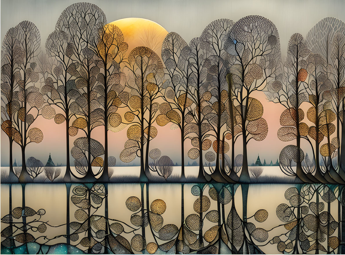 Tranquil forest scene with stylized trees and sunset reflection