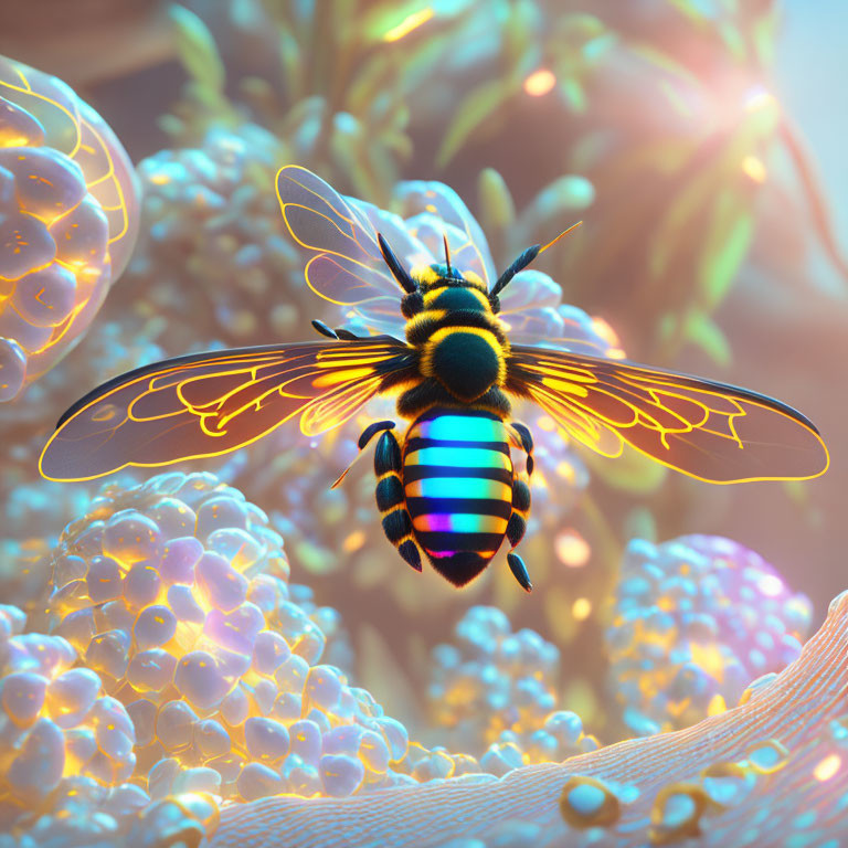 Stylized bee with glowing blue stripes flying over vibrant flowers