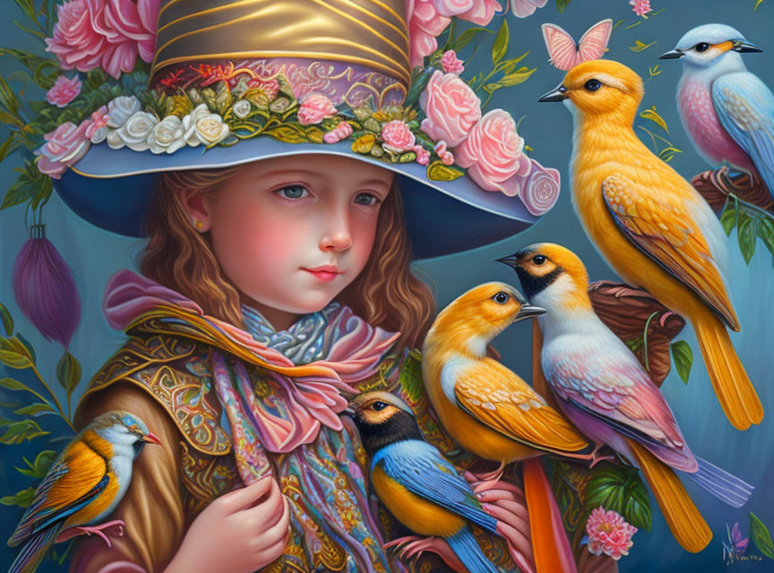 Girl in decorative hat with flowers surrounded by colorful birds and floral motifs