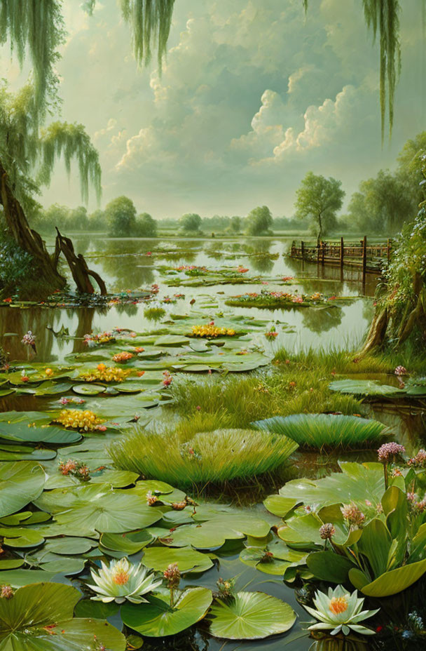 Tranquil marshland scene with weeping willows, footbridge, and blooming water l