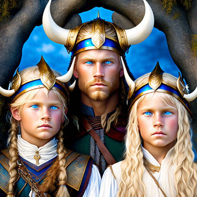 Three Viking individuals in horned helmets with blue eyes and blonde hair in a forest setting.