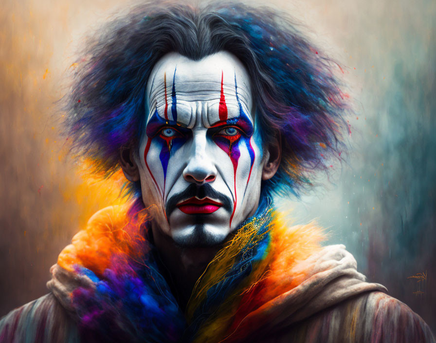 Intense stare of person with dramatic clown makeup and wild hair