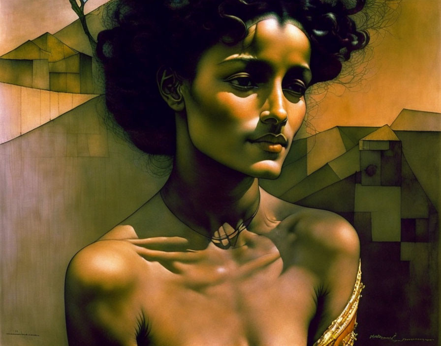 Dark-haired woman with golden skin in front of abstract geometric shapes