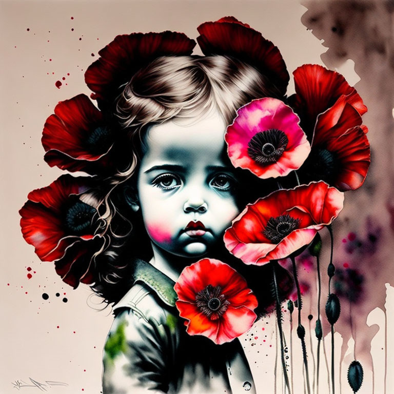 Vibrant red poppies surround young girl with expressive eyes