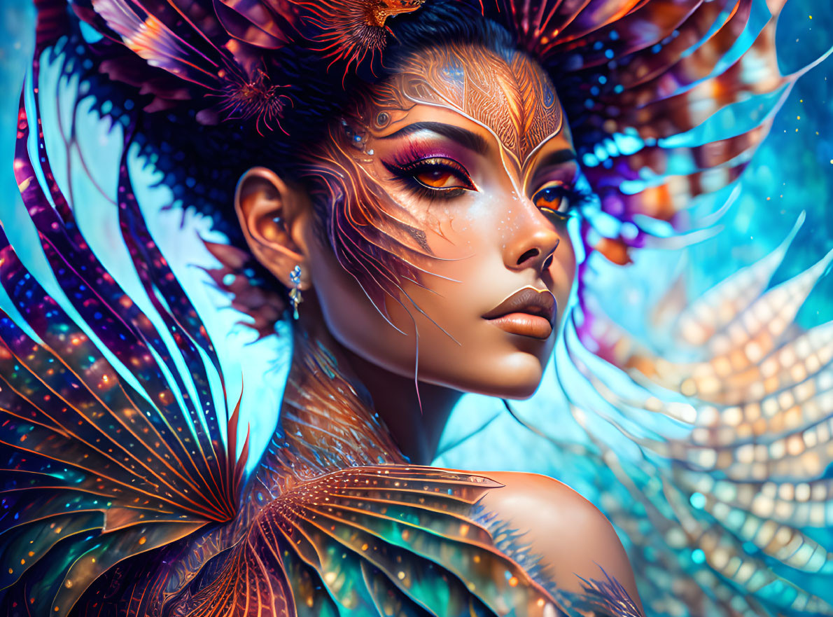 Colorful digital artwork of woman with intricate feathers and detailed facial markings