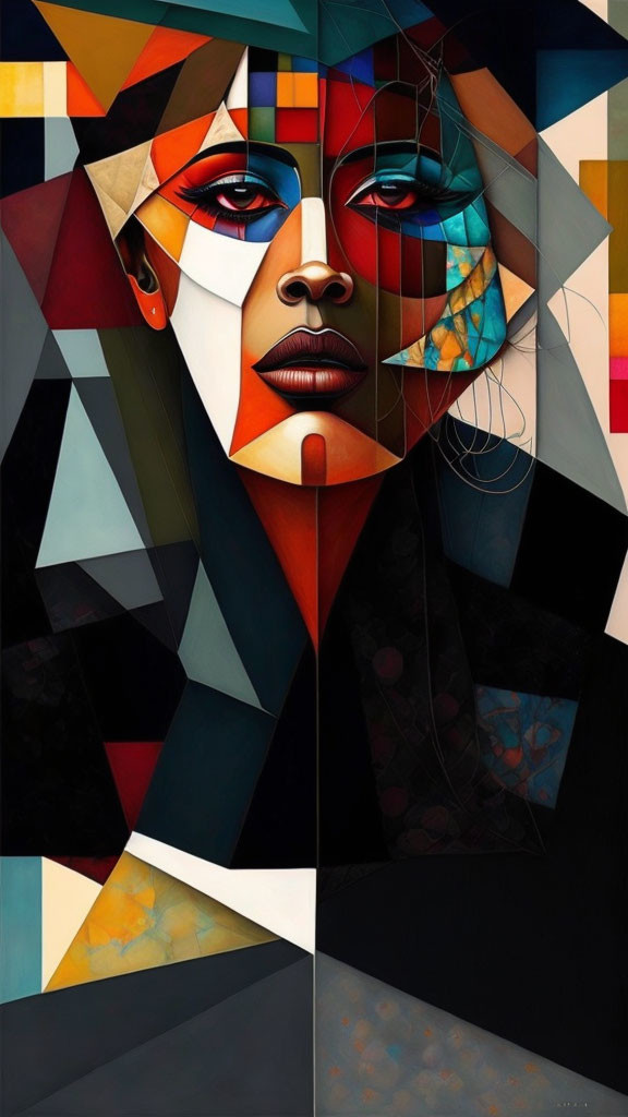 Colorful Cubist-Style Portrait of Woman with Geometric Shapes