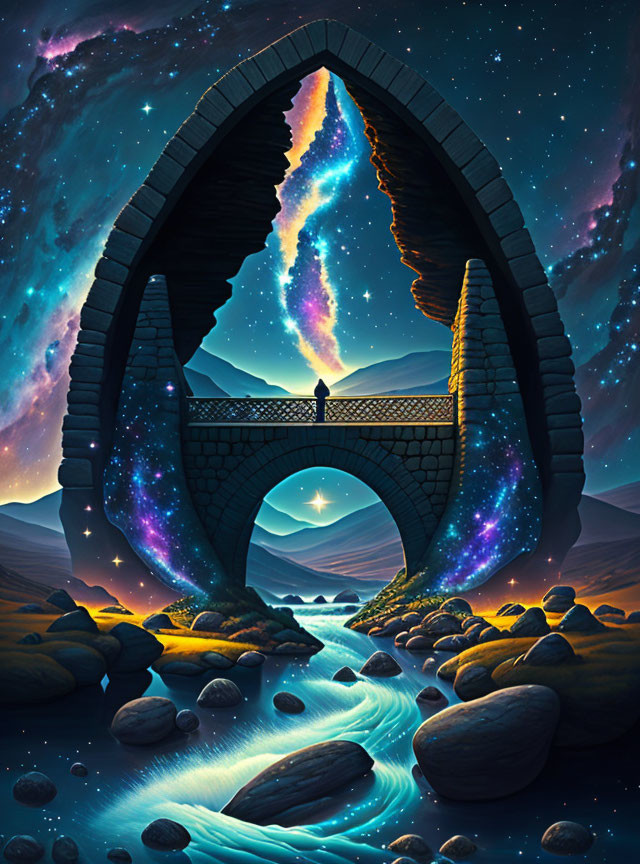 Surreal artwork: Stone bridge over stream merges with cosmic scene