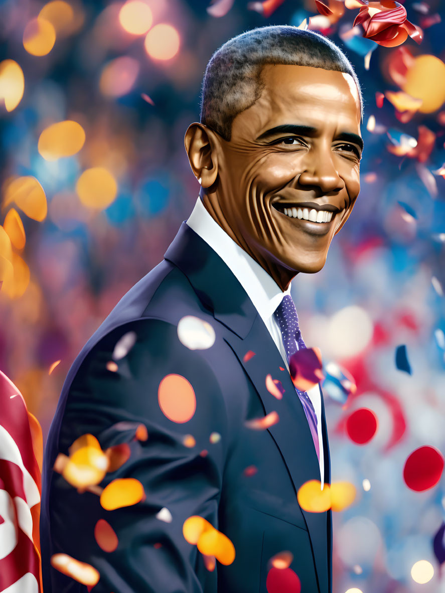 Colorful Confetti Surrounds Smiling Man in Suit With American Flag