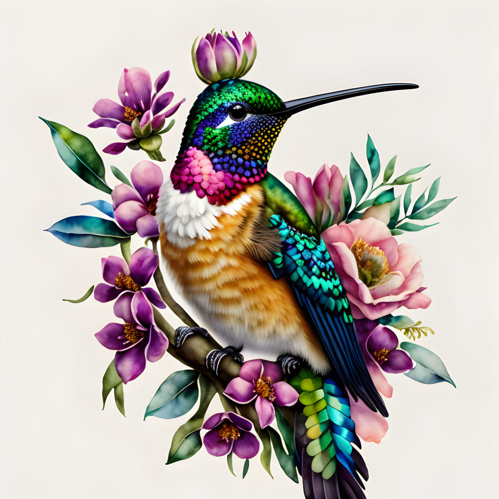 Colorful hummingbird surrounded by pastel flowers and leaves.