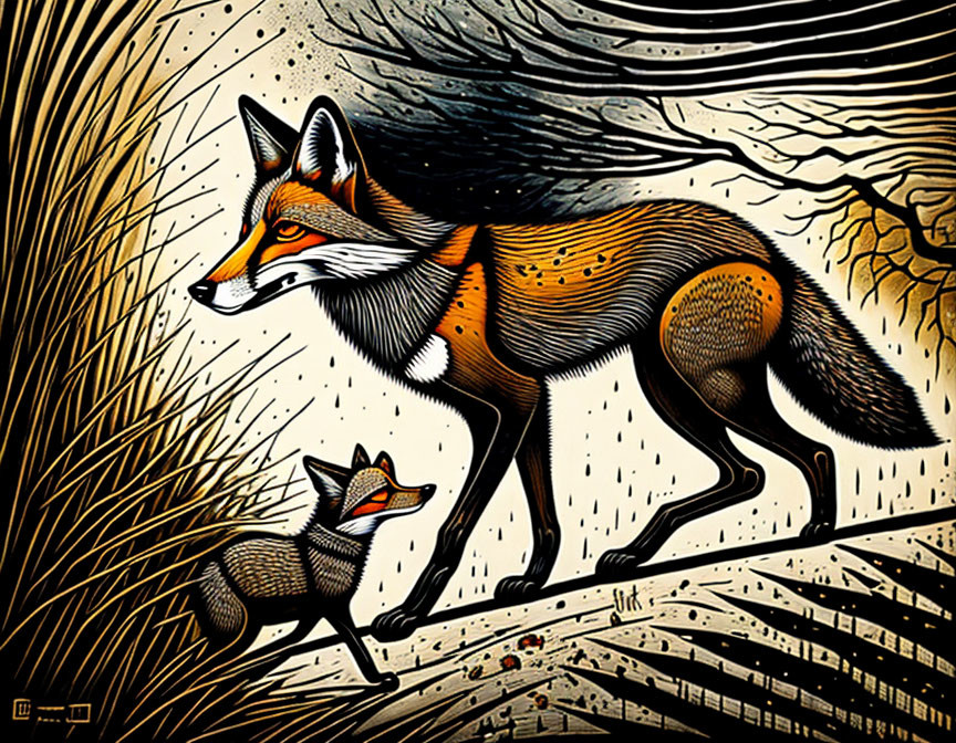 Stylized illustration: Large fox guiding small fox through autumnal landscape