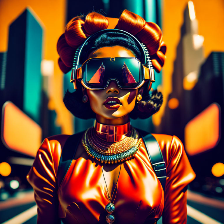 Stylized image of woman in retro-futuristic fashion with large glasses & vibrant colors