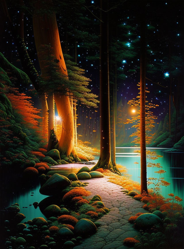 Mystical forest path with towering trees, pond, and fireflies