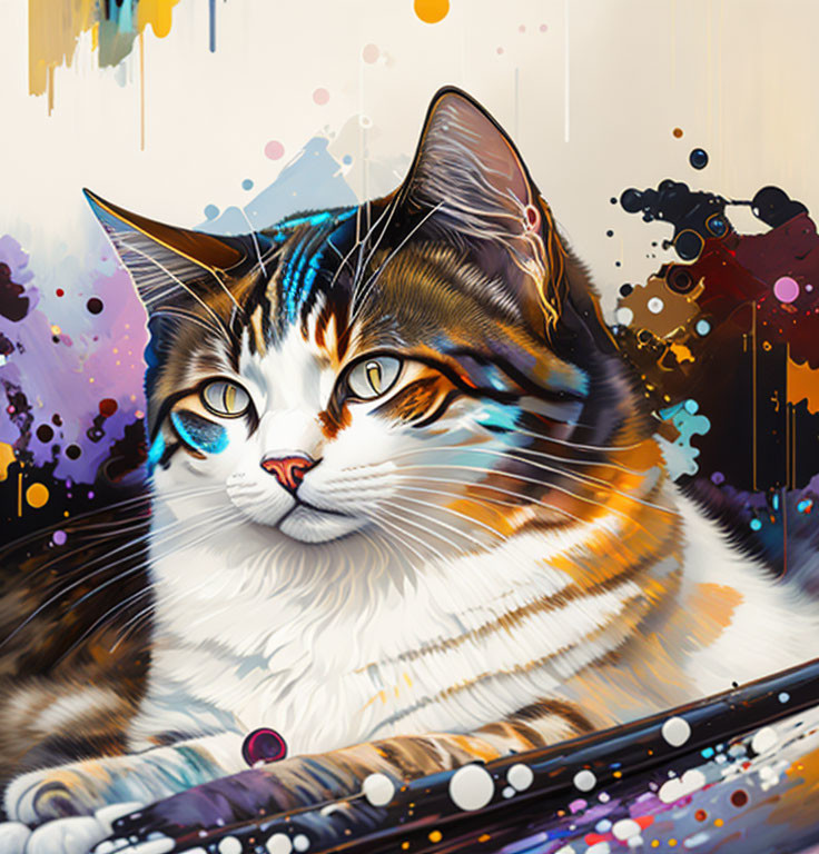 Colorful Abstract Art: Cat with Blue Eyes in Paint Splatter Environment