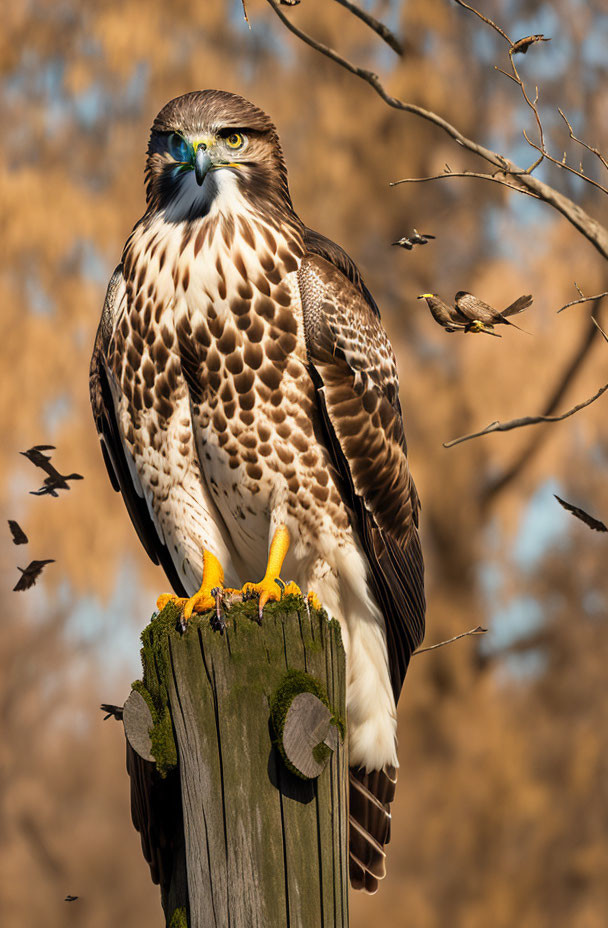 Majestic hawk perched on wooden post with sharp gaze