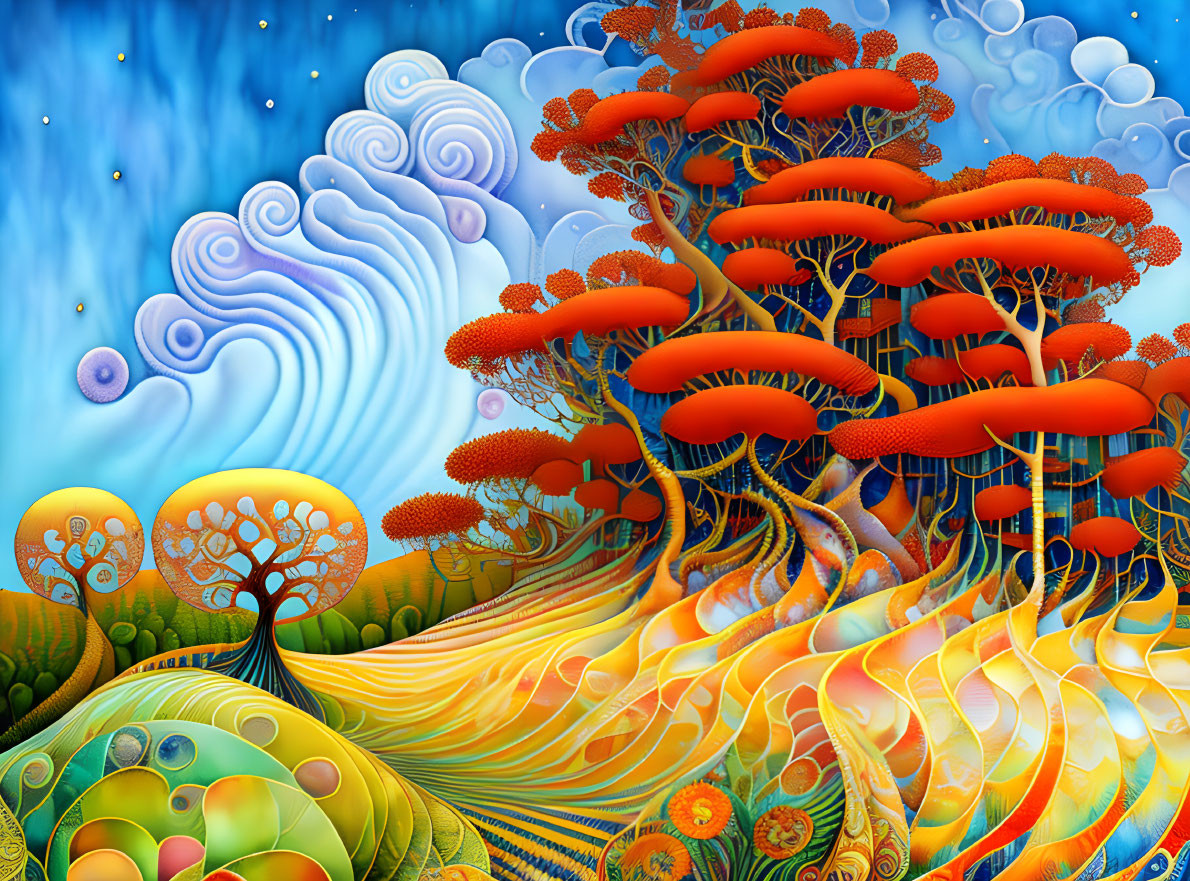 Colorful surreal artwork: Flame-like trees against whimsical sky