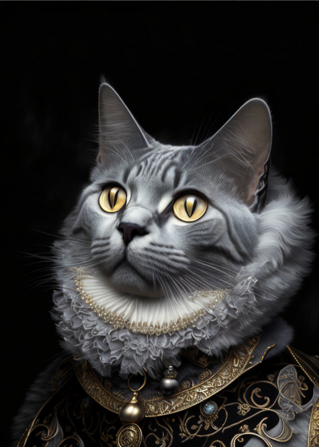 Gray Tabby Cat Digital Artwork in Elizabethan Attire