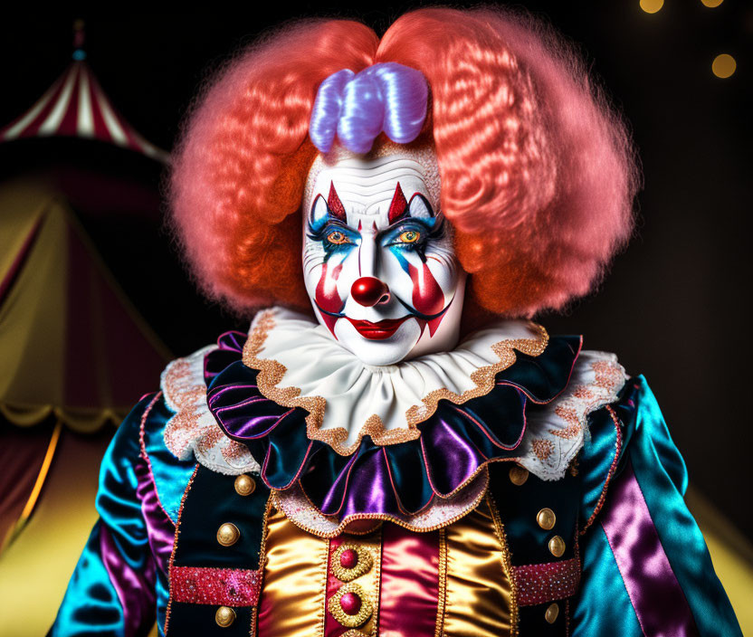 Colorful Clown with Red Hair and Circus Tent Background