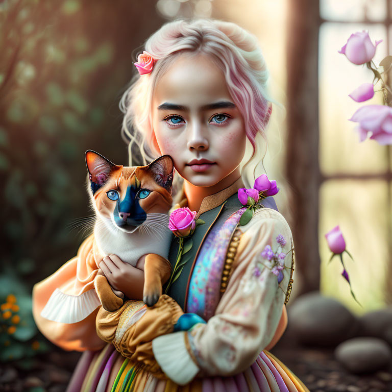 Young girl with blue eyes holding Siamese cat in pink rose garden