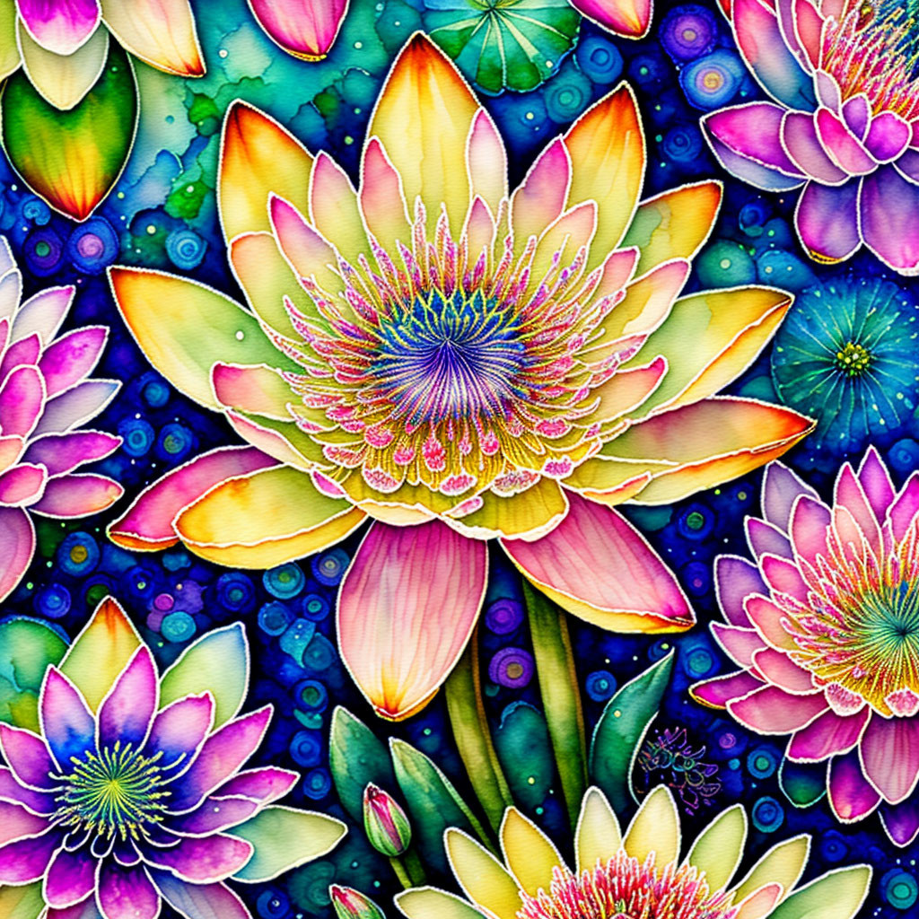 Colorful Lotus Flower Illustration in Pink, Purple, and Yellow on Blue Background