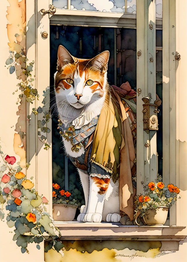 Vibrant illustration: Cat in window with flowers and sunlight