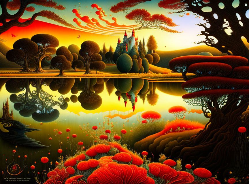 Surreal landscape with castle, unique trees, and red foliage reflected in water