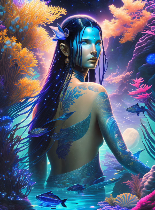 Blue-skinned woman in coral reef with fish - Fantasy meets marine life