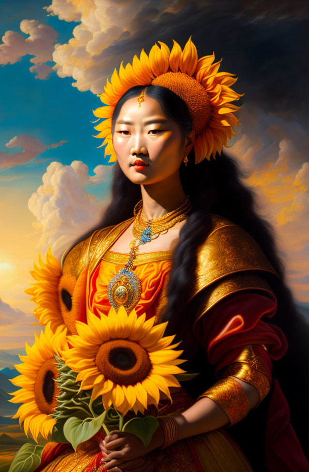 Woman in Gold and Red Attire with Sunflower Motifs and Ornate Necklace against Cloudy Sunset