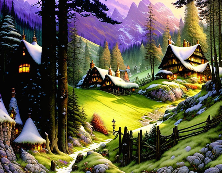 Scenic village with cozy cottages, green meadow, snowy landscape