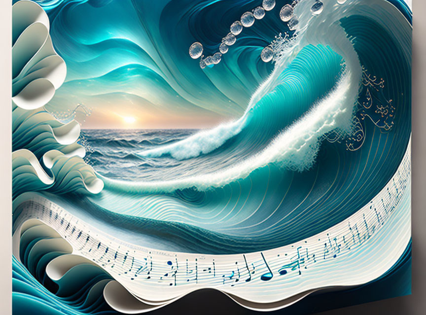 Stylized ocean wave merges with musical notes and sunset in visual metaphor.