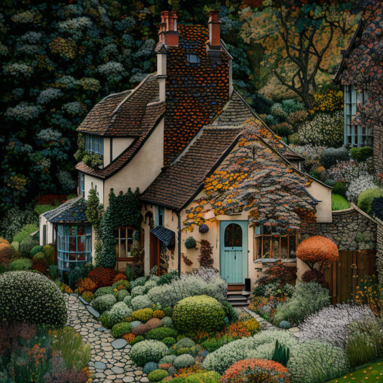 Ivy-covered cottage with tiled roof in lush garden