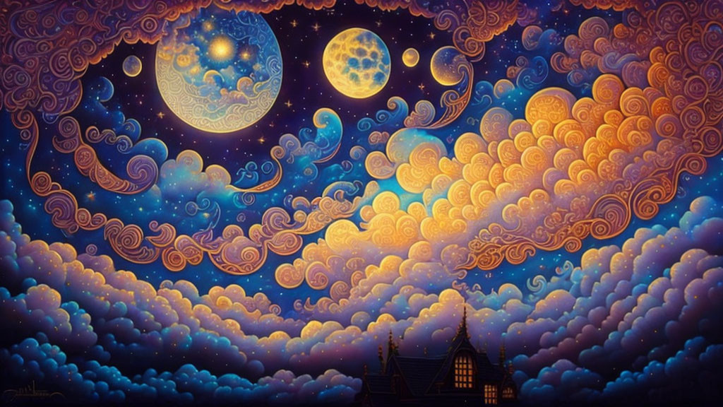 Fantasy artwork: Night sky with swirling clouds, two moons, and gothic building.