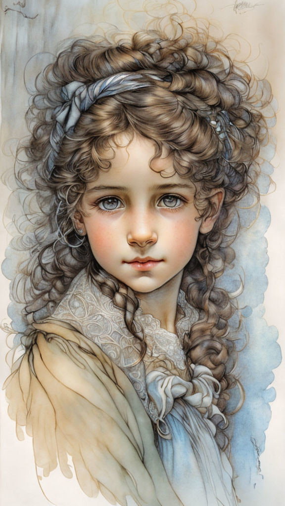 Illustrated portrait of young girl with curly hair and headband in soft colors