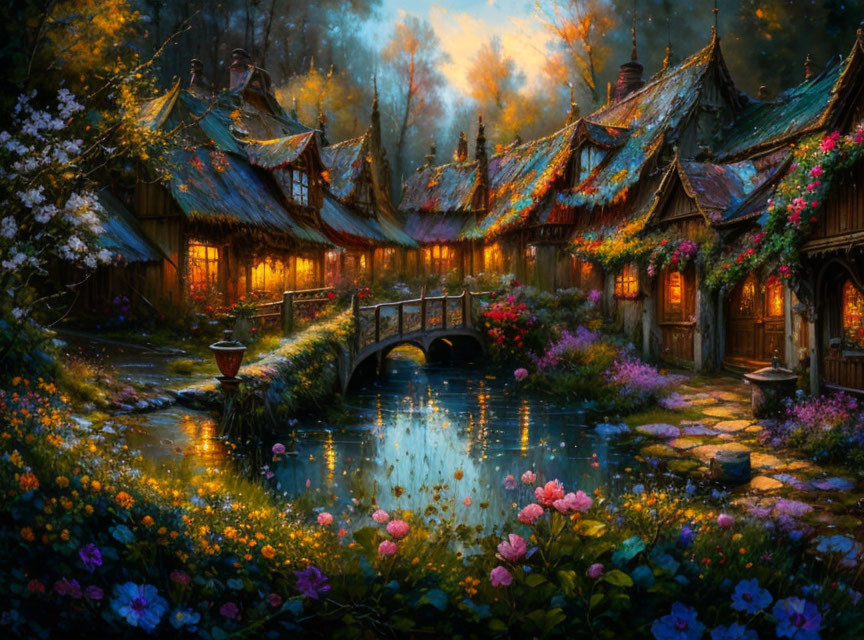 Enchanted village scene: quaint cottages, stone bridge, serene pond, lush flora