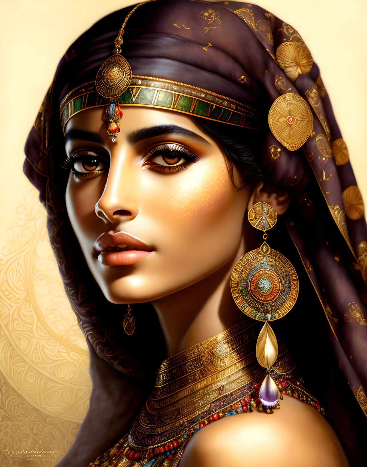 Woman adorned with gold jewelry and headscarf on golden background