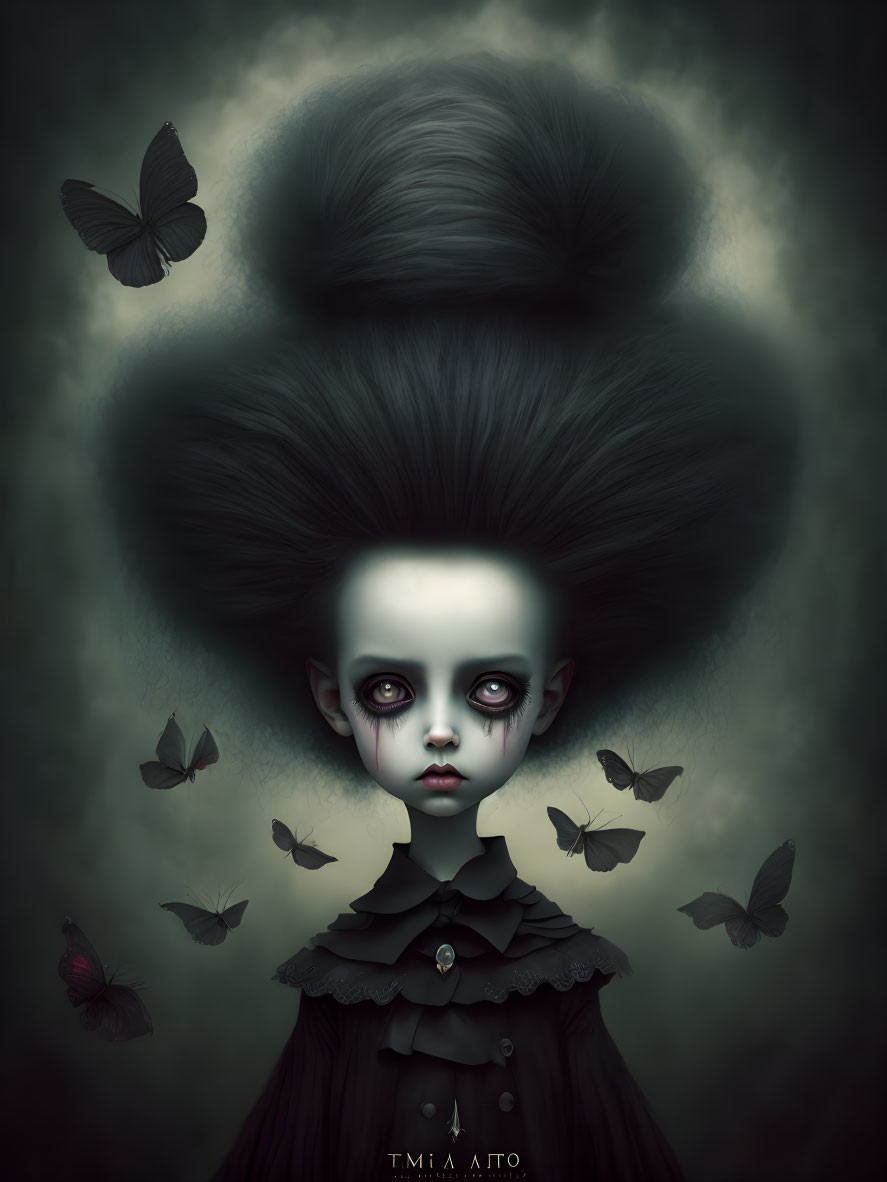 Gothic digital portrait with exaggerated updo and butterflies